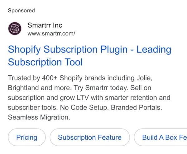 Smartrr Google ad: