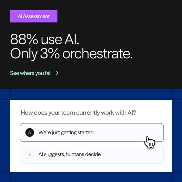 Airtable LinkedIn ad: AI Assessment. 88% use AI. Only 3% orchestrate. See where you fall. How does your team currently work with AI? We're just getting started.…