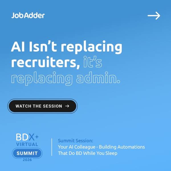 JobAdder LinkedIn ad: AI fills the diaries, humans win the deals. 63% of agencies already say AI helps win new business.