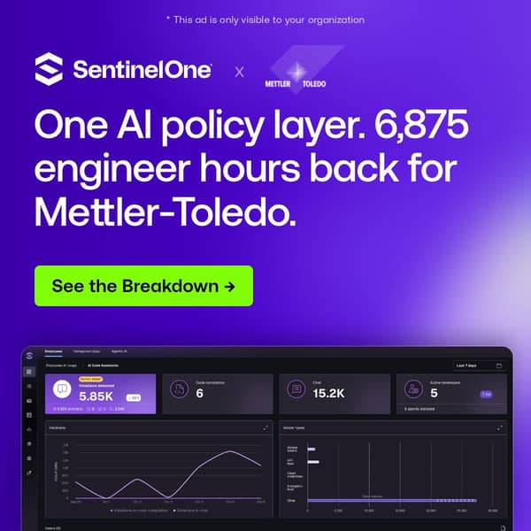 SentinelOne LinkedIn ad: One AI policy layer. 6,875 engineer hours back for Mettler-Toledo. See the Breakdown