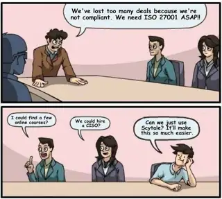 Scytale Meta ad: If you need ISO 27001 fast, outsource it to the experts. We have the software and experts to get you compliant, and keep you compliant. Making closing business that little bit easier.